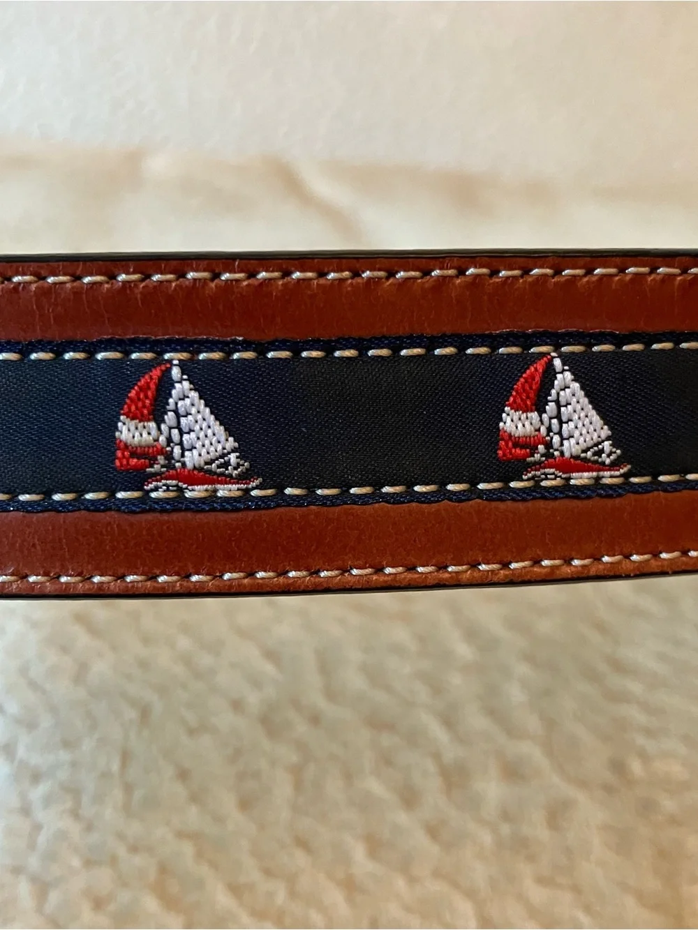 Men’s Navy Blue Sailboats Leather Canvas Belt Sz 36 Brass Golf Preppy Nautical